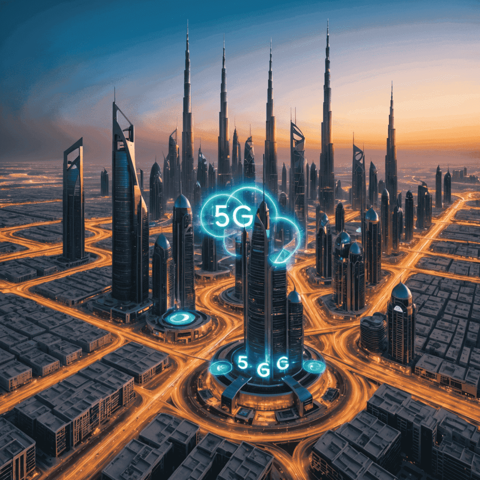صورة توضيحية لشبكة الجيل الخامس 5G مع هواتف ذكية متصلة وأبراج اتصالات في خلفية المشهد الحضري لدبي