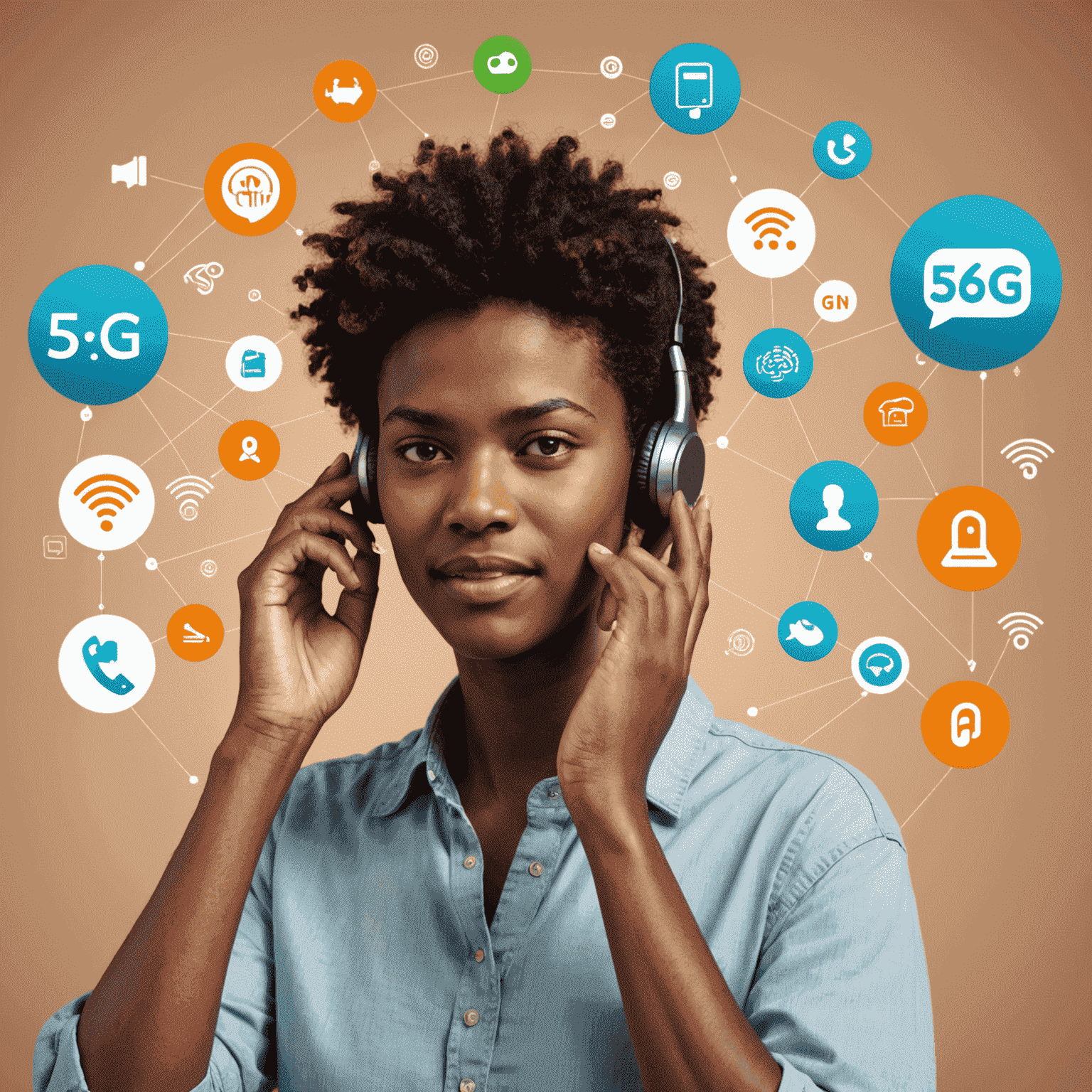 صورة توضيحية لشخص يجري مكالمة صوتية عبر الهاتف المحمول، مع رموز لجودة الصوت وشبكة 5G في الخلفية