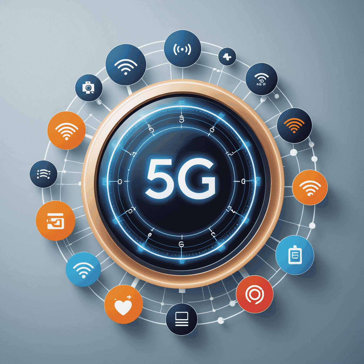 رسم توضيحي لتقنية 5G وكيف تحسن جودة المكالمات الصوتية، مع رموز لسرعة الاتصال والتغطية الواسعة
