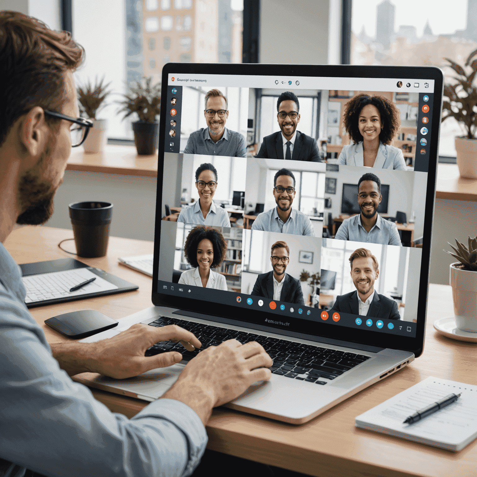 شاشة تعرض واجهة تطبيق مؤتمرات الفيديو مع أدوات متقدمة مثل مشاركة الشاشة وتدوين الملاحظات والتصويت