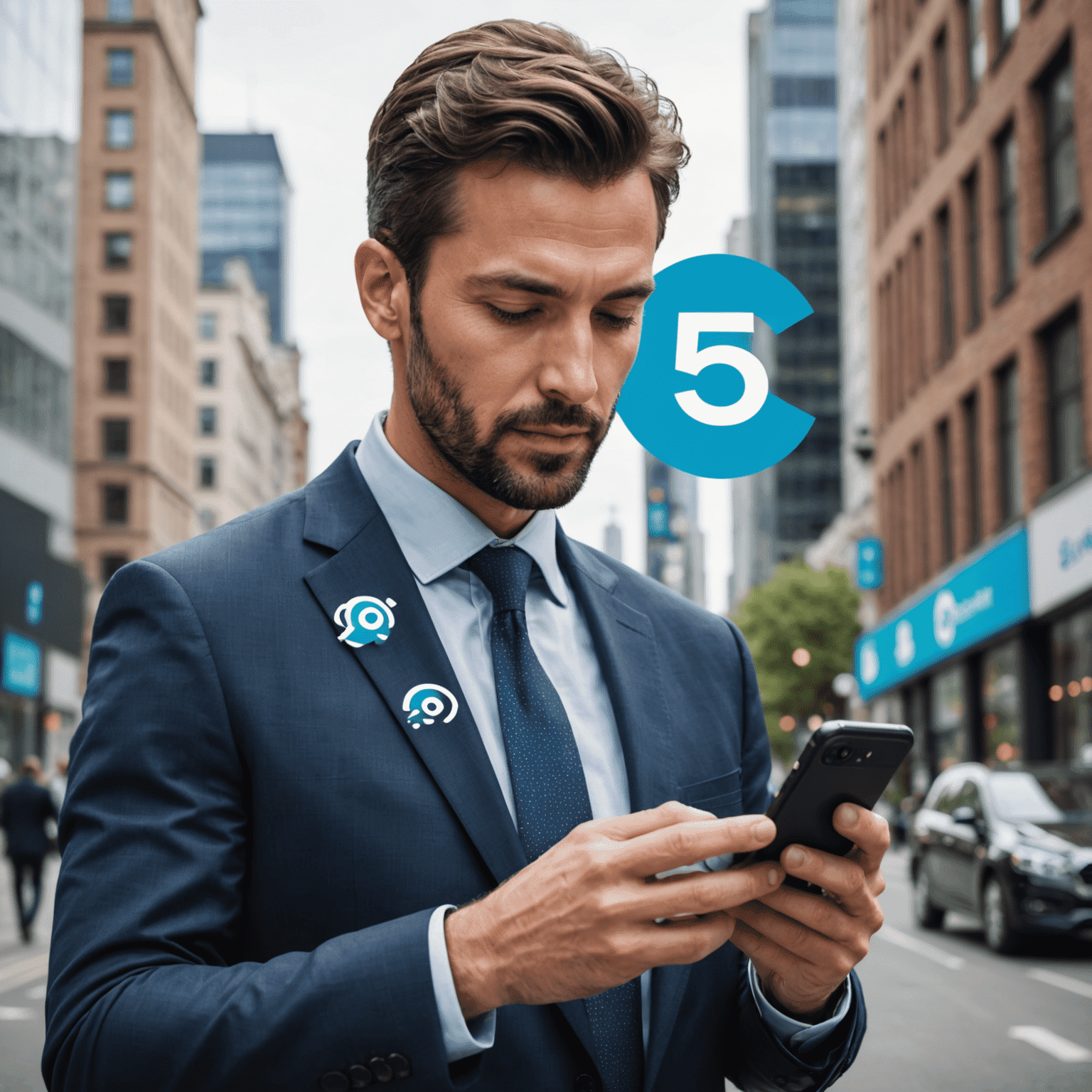 صورة توضيحية لباقة الأعمال تظهر رجل أعمال يستخدم هاتفًا ذكيًا مع رمز 5G